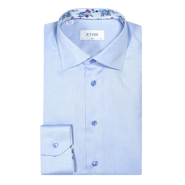 Eton Signature Twill Shirt - Blue with Floral Contrast Details