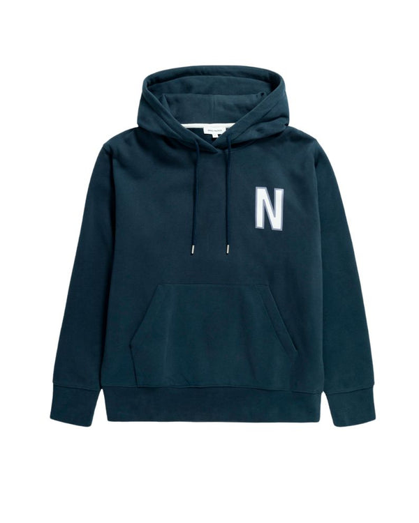 Norse Projects Arne Relaxed Organic Brushed Fleece Large N Hoodie - Dark Navy