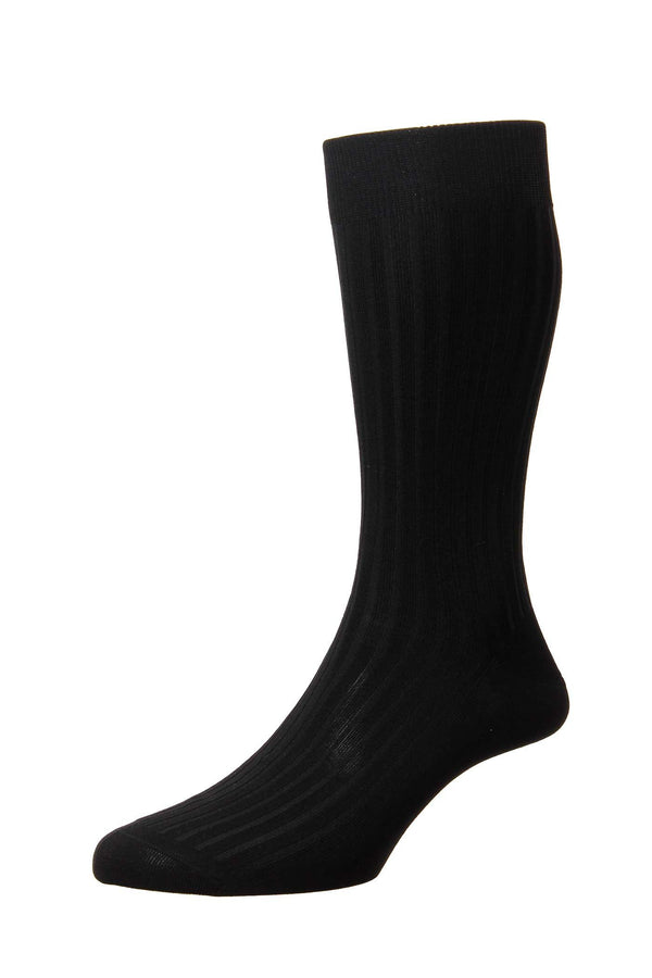 Pantherella Danvers - 5x3 Rib Fil d'Ecosse Mercerised Cotton Sock - Black