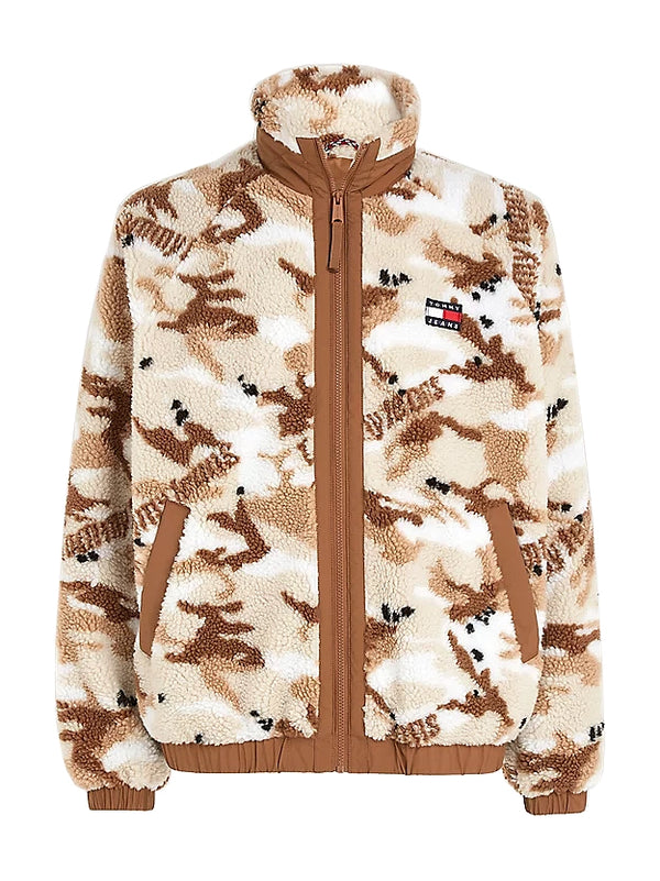 Tommy Jeans Camo Logo Print Relaxed Sherpa Jacket - Beige
