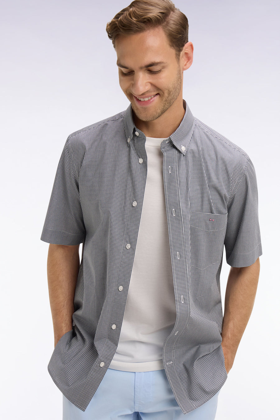 Eden Park Micro Check Short Sleeve Shirt - Navy