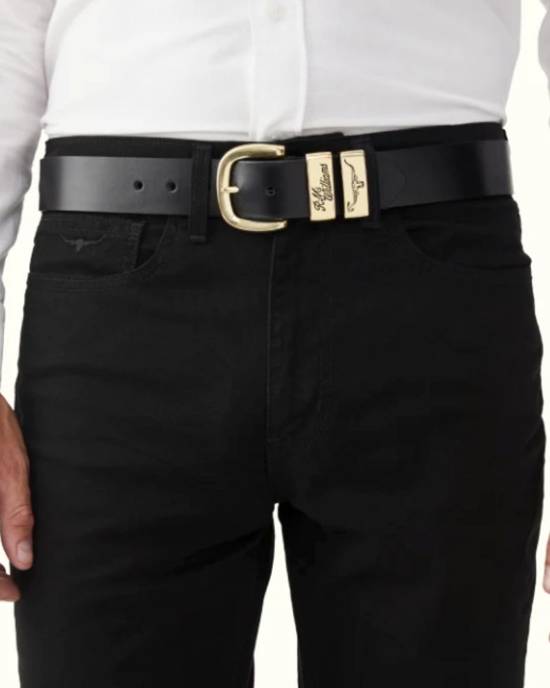 R.M.Williams 1 1/2 Inch 3 Piece Solid Hide Belt – Black / Gold