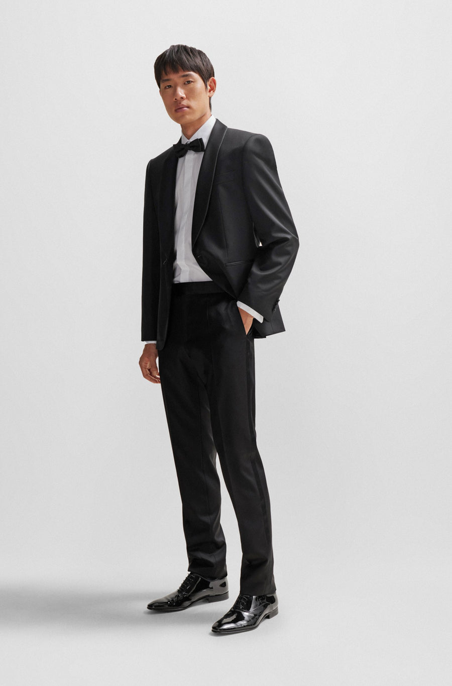 BOSS Slim Fit Virgin Wool Tuxedo Trousers – Black