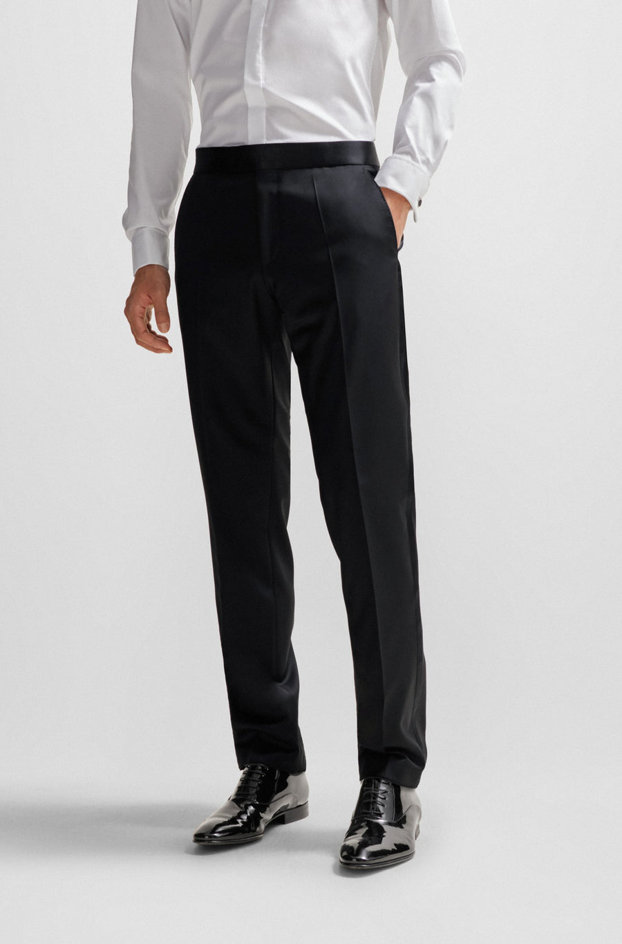 BOSS Slim Fit Virgin Wool Tuxedo Trousers – Black