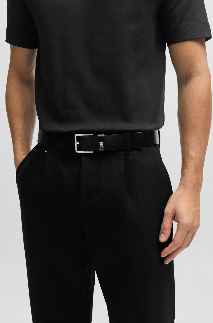 BOSS Italian Leather Signature-Stripe Belt – Black