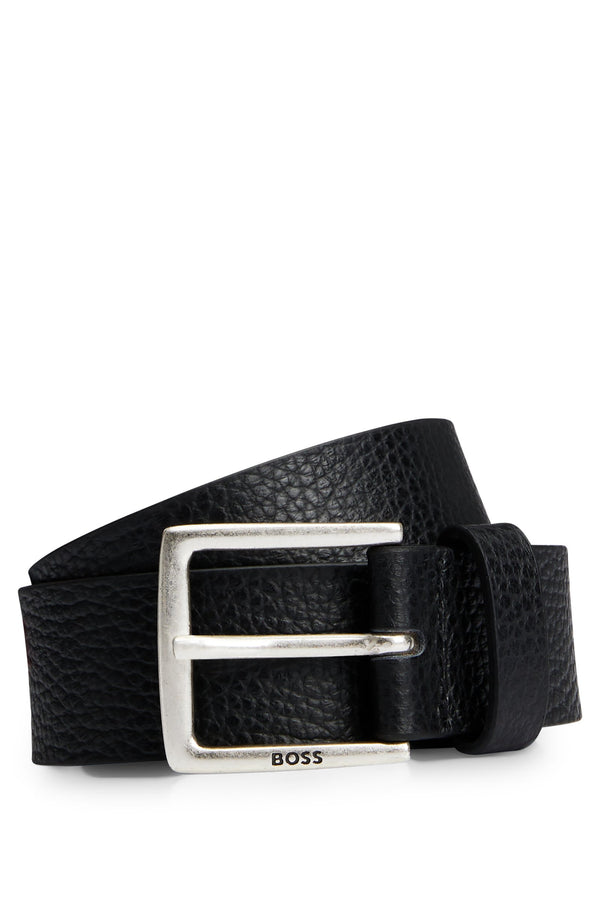 Boss Grained Italian-Leather Belt with Logo Buckle - Black