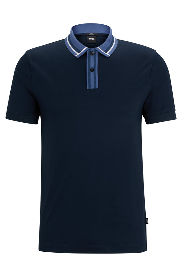 Boss Contrast Stripes Mercerised-Cotton Slim-Fit Polo Shirt - Navy