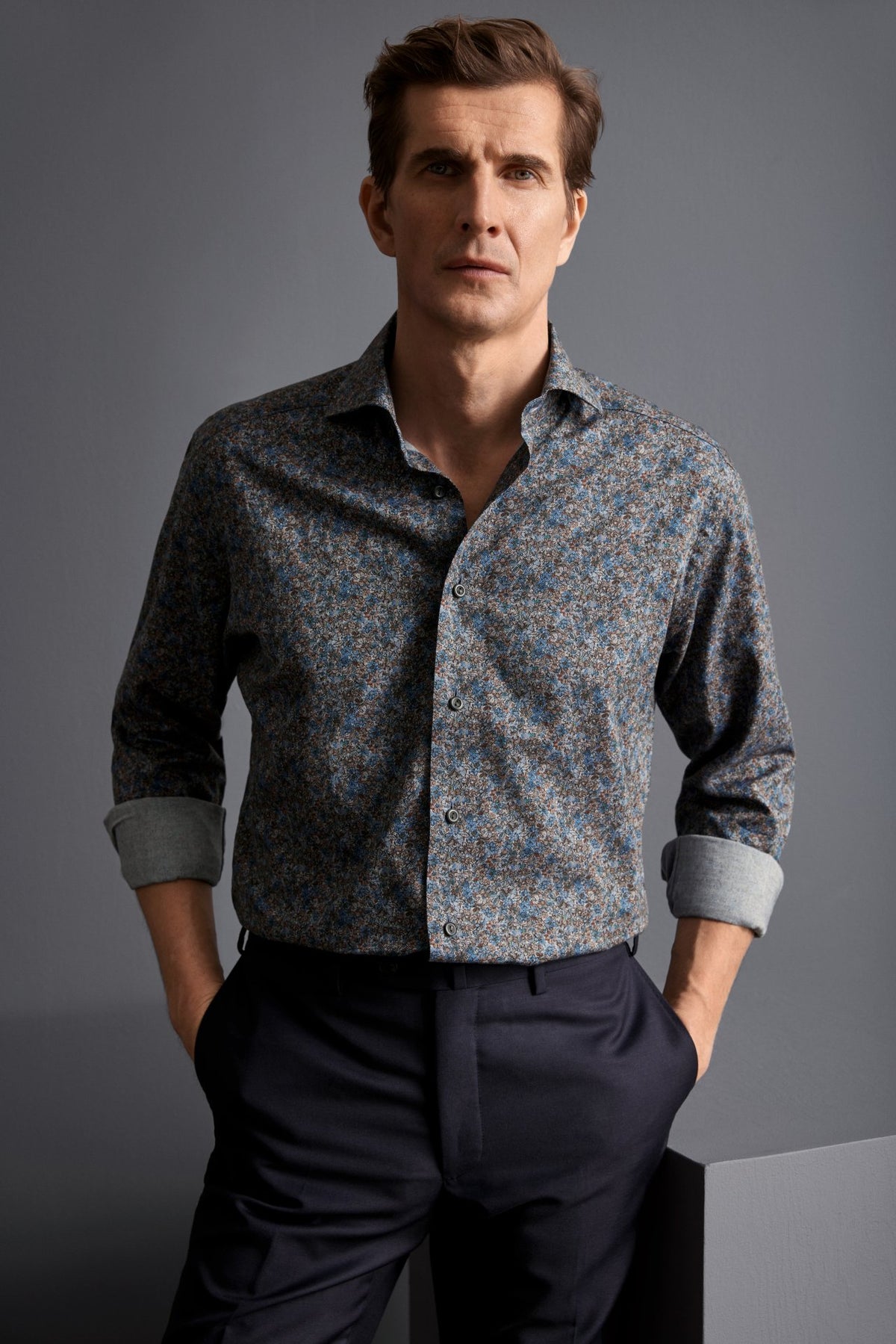 Eton Slim Fit Melange Floral Print Shirt - Blue / Rust