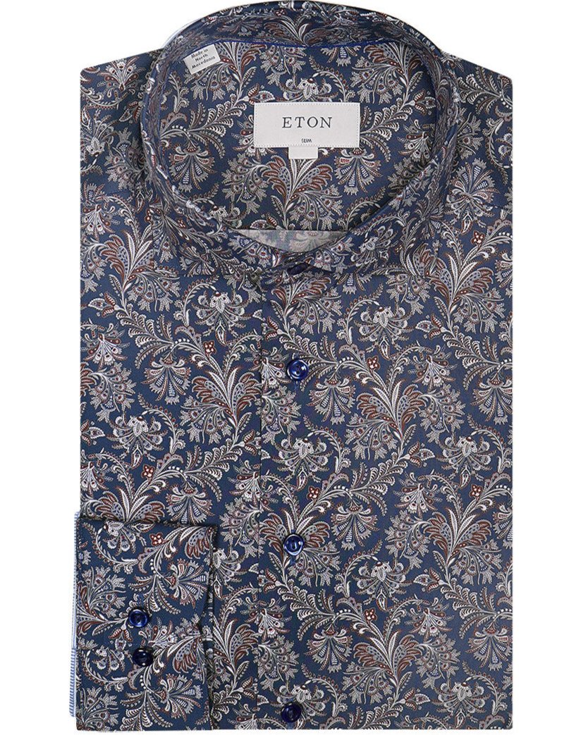 Eton Slim Fit Paisley Print Signature Twill Shirt - Navy