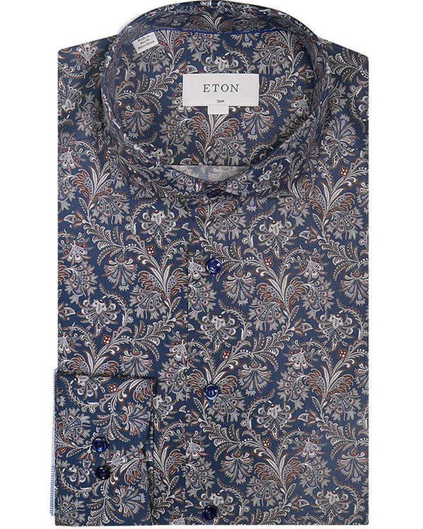 Eton Slim Fit Paisley Print Signature Twill Shirt - Navy