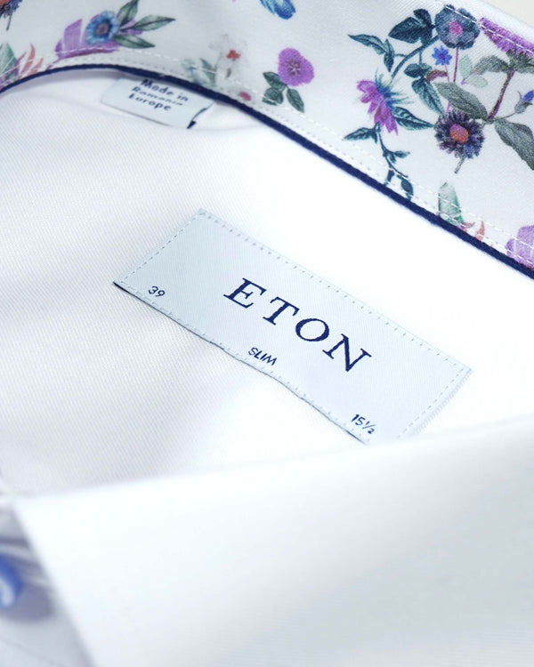 Eton Signature Twill Shirt - White with Floral Contrast Details