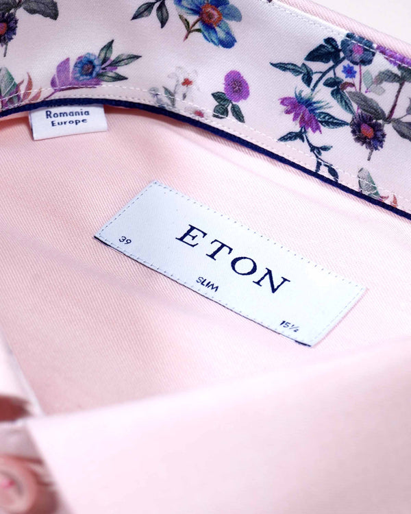 Eton Signature Twill Shirt - Pink with Floral Contrast Details