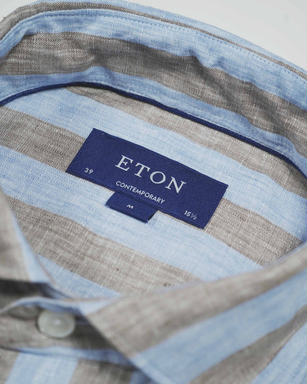 Eton Contemporary Fit Linen Striped Shirt - Beige / Blue