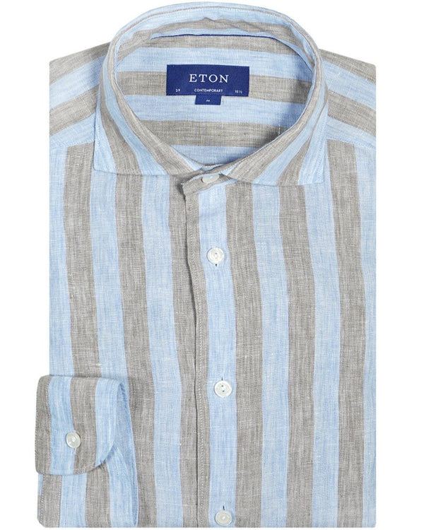 Eton Contemporary Fit Linen Striped Shirt - Beige / Blue