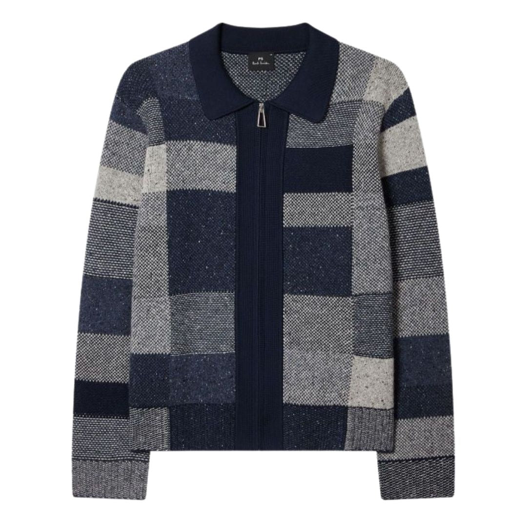 Paul Smith Navy Tonal Patchwork Zip-Through Cardigan Blue
