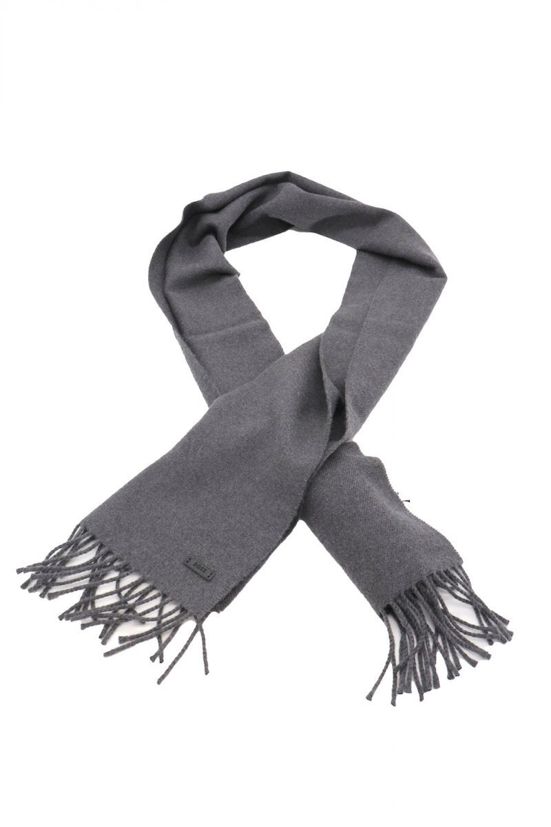 Boss Italian-made scarf in wool with logo patch - Grey