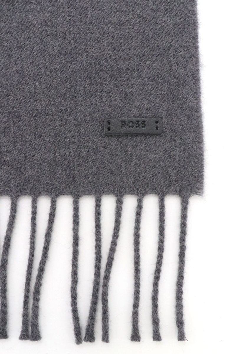 Boss Italian-made scarf in wool with logo patch - Grey