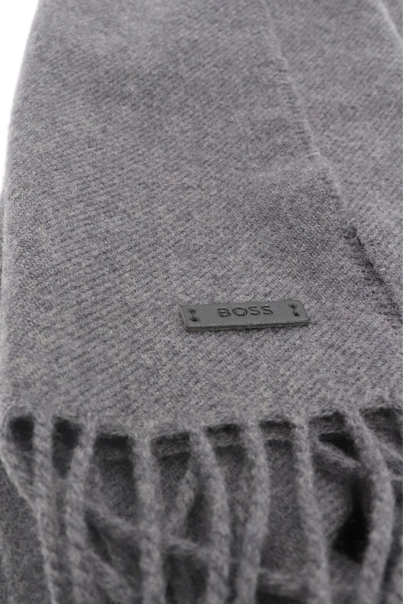 Boss Italian-made scarf in wool with logo patch - Grey