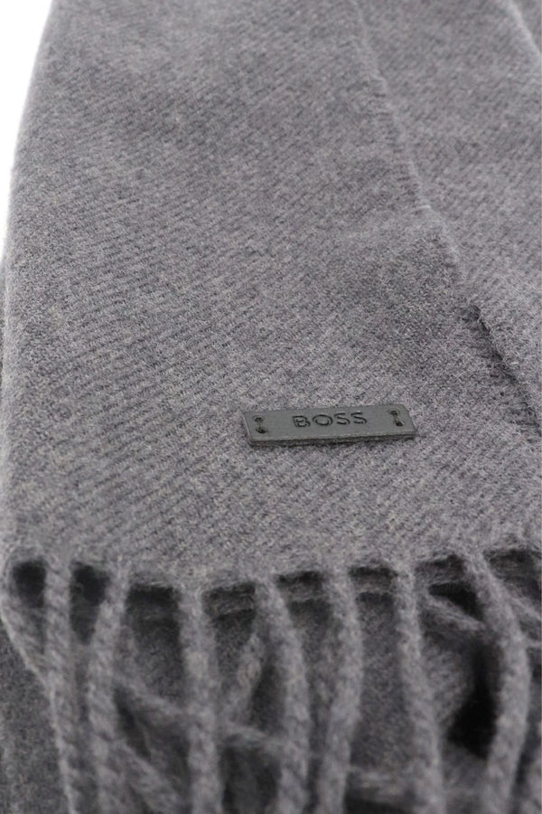 Boss Italian-made scarf in wool with logo patch - Grey