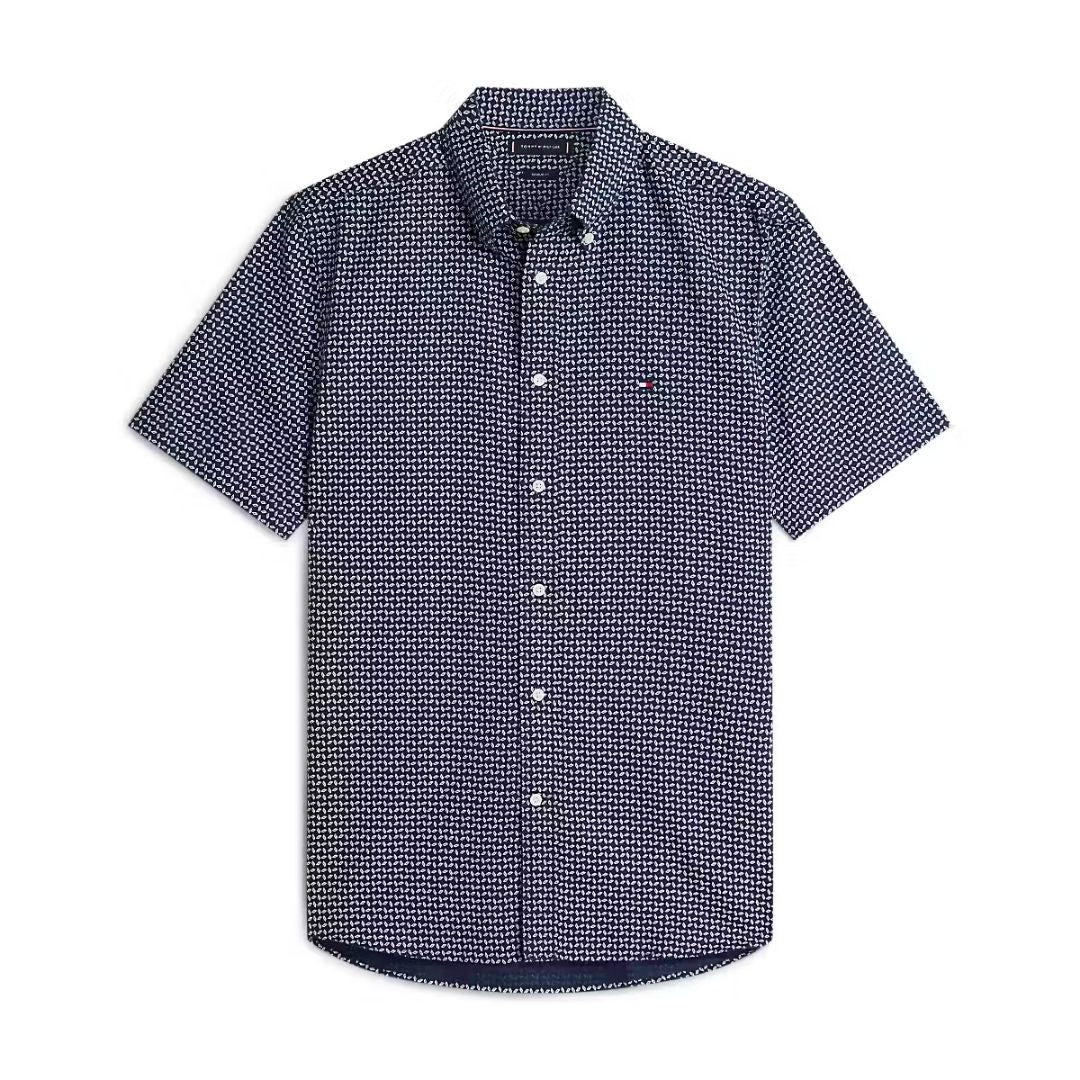 Tommy Hilfiger Linen Blend Print SS Shirt - Navy