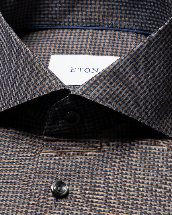 Eton Dark Brown Micro Check Signature Flannel Shirt - Brown