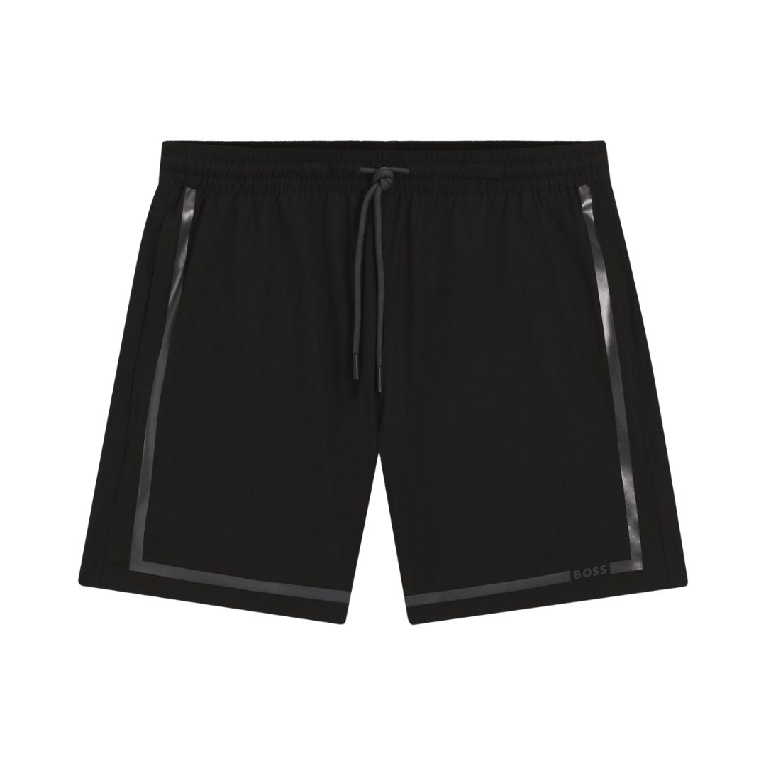 Boss Swim Shorts with Logo Stripe Print - Black