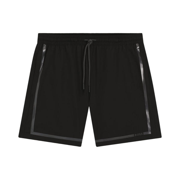 Boss Swim Shorts with Logo Stripe Print - Black