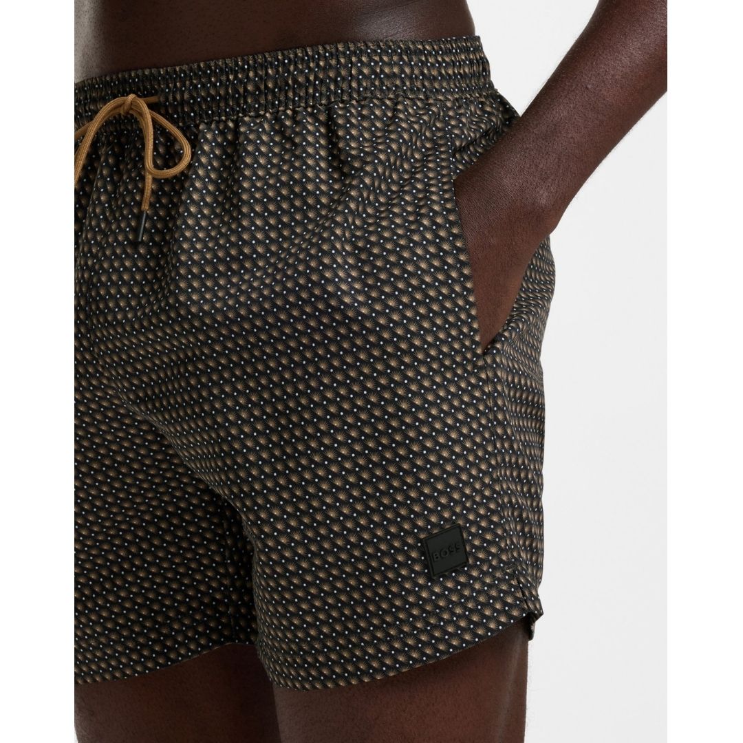 Boss Micro-Print Swim Shorts with Logo Badge - Black