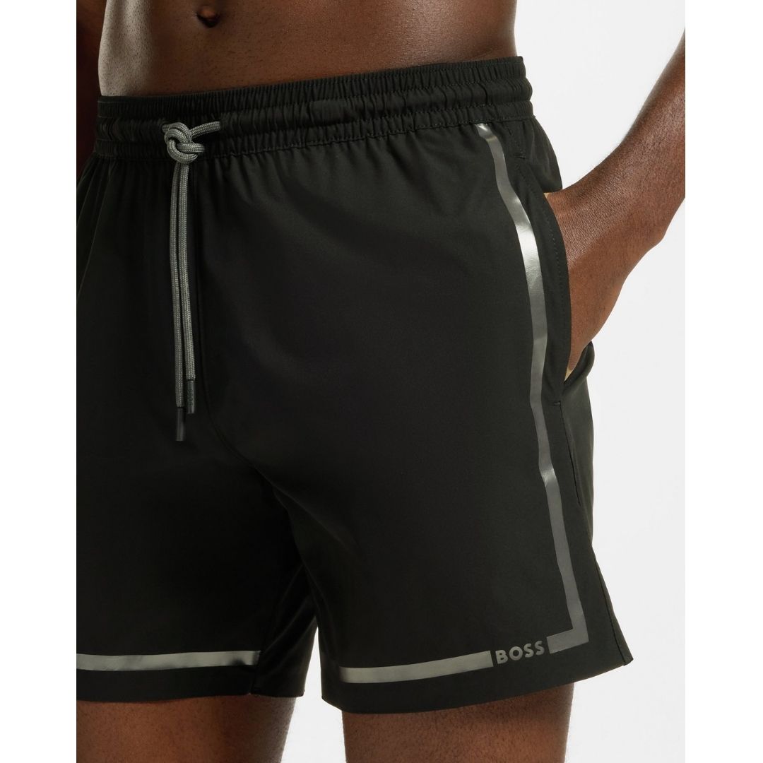 Boss Swim Shorts with Logo Stripe Print - Black