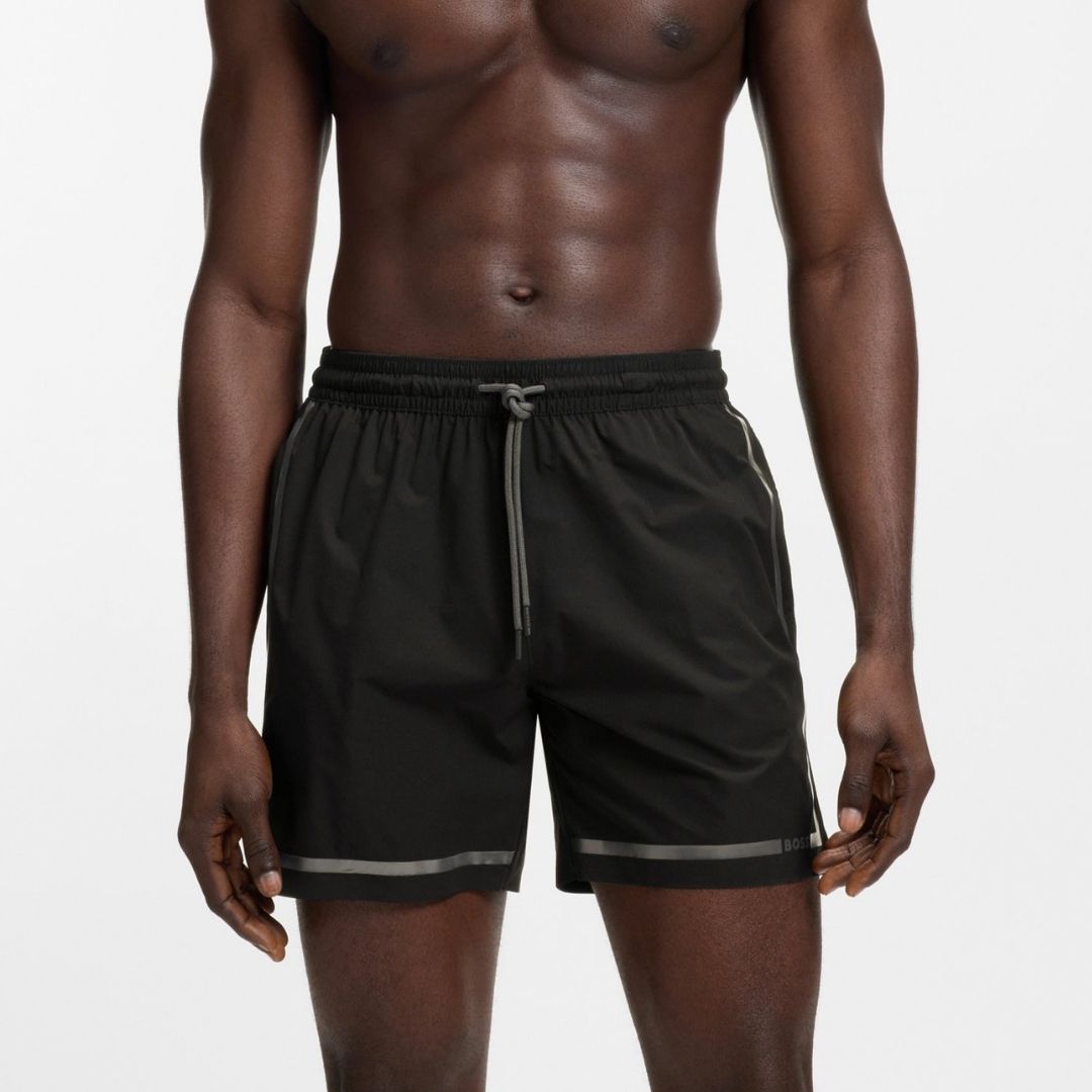Boss Swim Shorts with Logo Stripe Print - Black