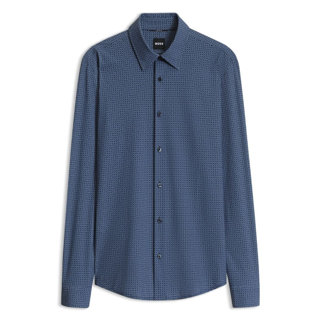 Boss Black Slim Fit Shirt in Printed Performance Stretch - Blue