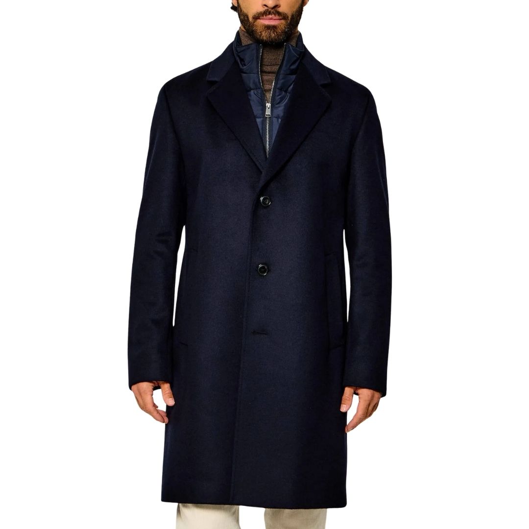 Boss Black Jared Bib Wool Cashmere Overcoat - Navy Blue