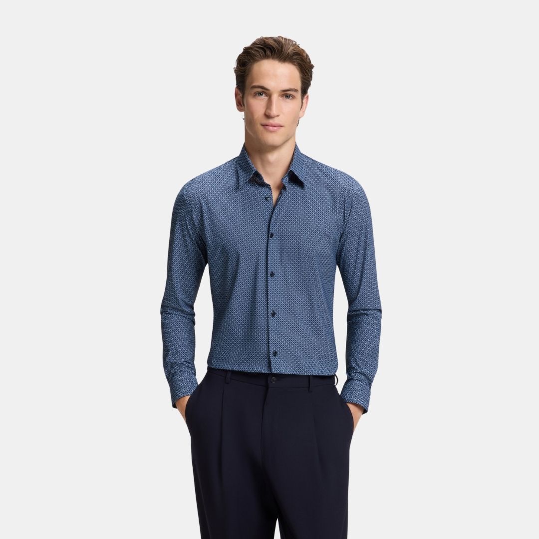 Boss Black Slim Fit Shirt in Printed Performance Stretch - Blue