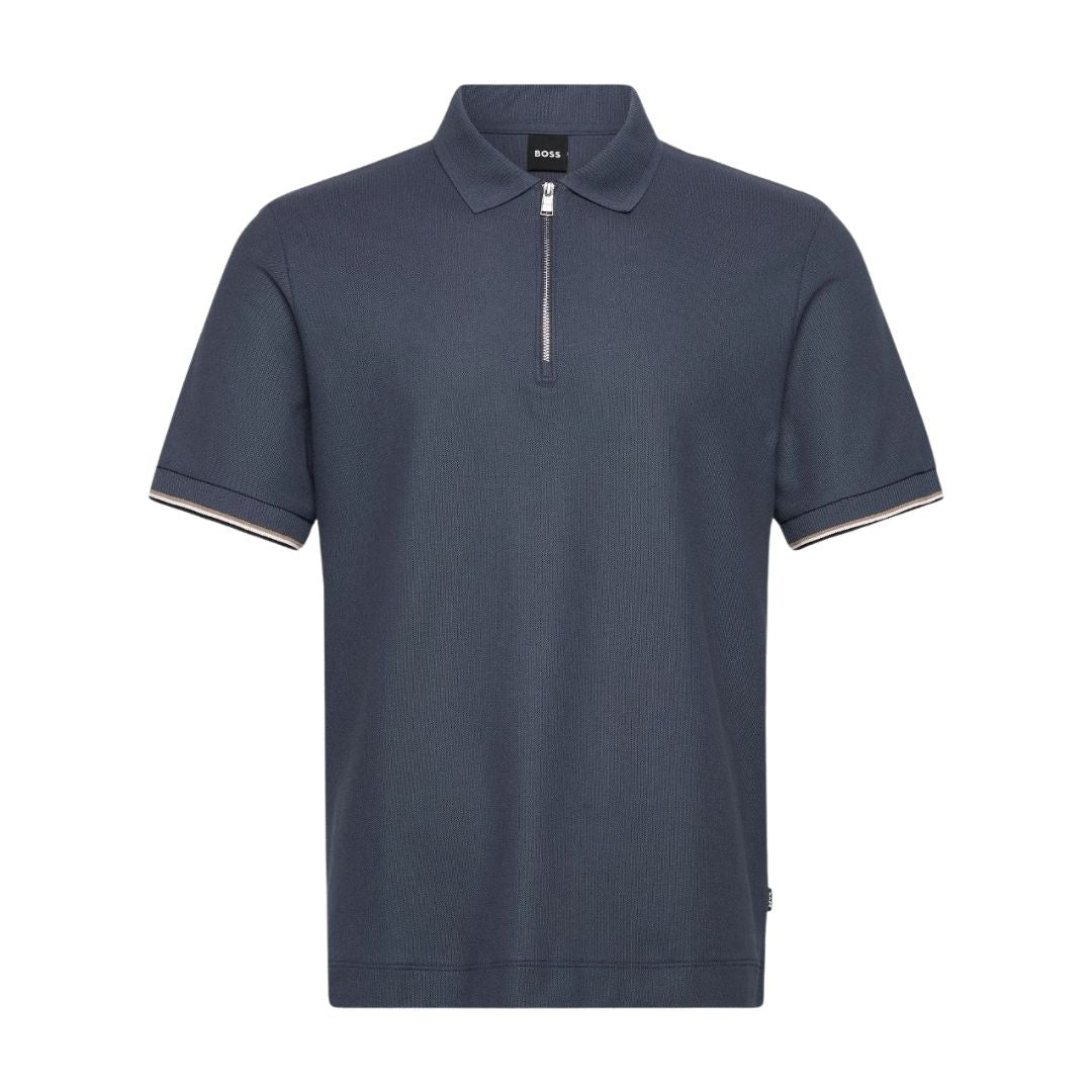 Boss Cotton-piqué polo shirt with zip neck - Blue