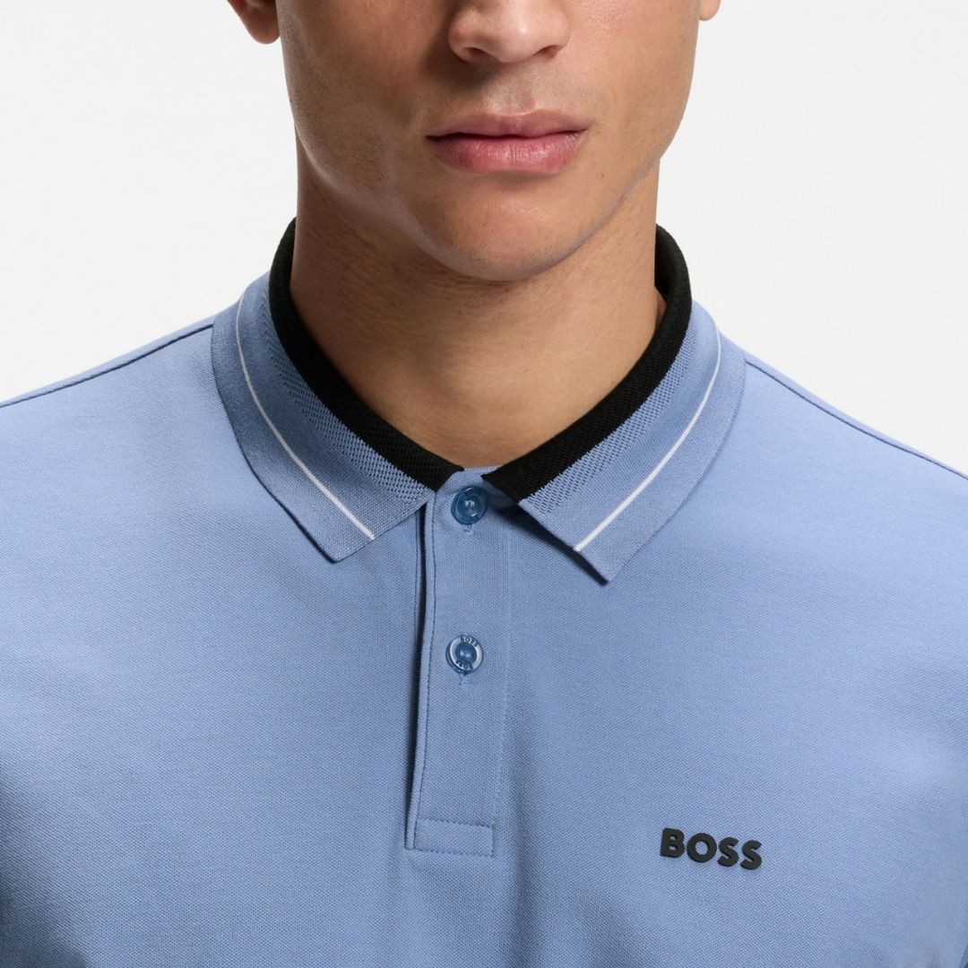 Boss Green Stripe Trim Polo Shirt in Stretch Cotton - Blue