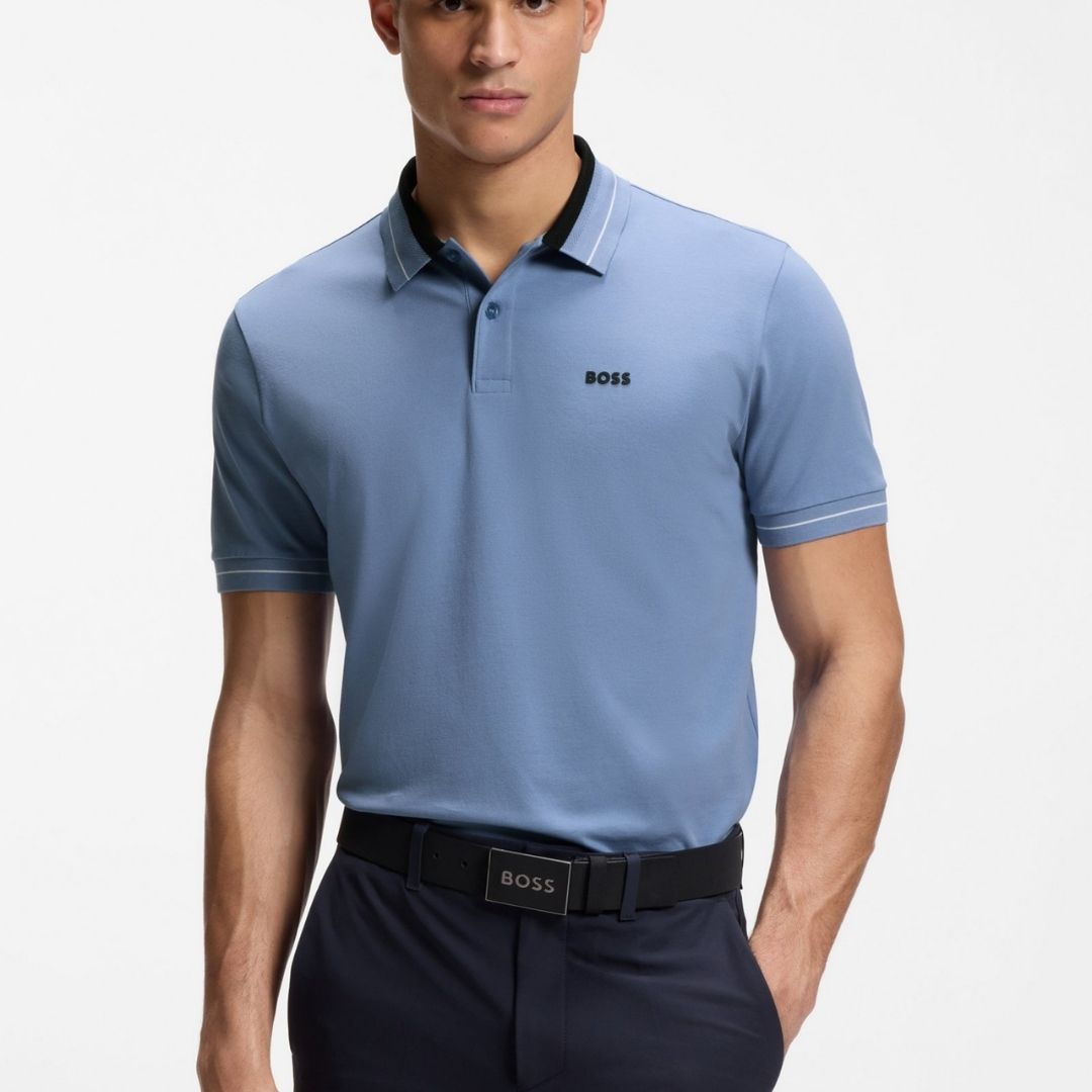 Boss Green Stripe Trim Polo Shirt in Stretch Cotton - Blue
