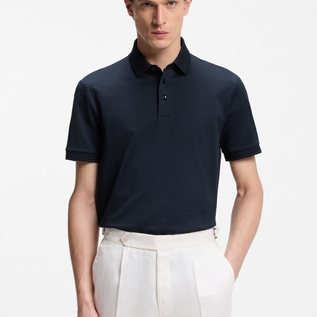 Boss Black H-Parlay Mercerized Cotton Polo Jacquard Print - Blue