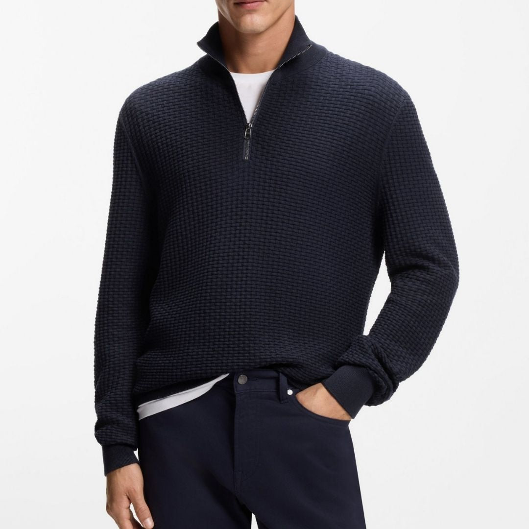Boss Black H-Ulicio Quarter Zip Sweater in Cotton - Blue