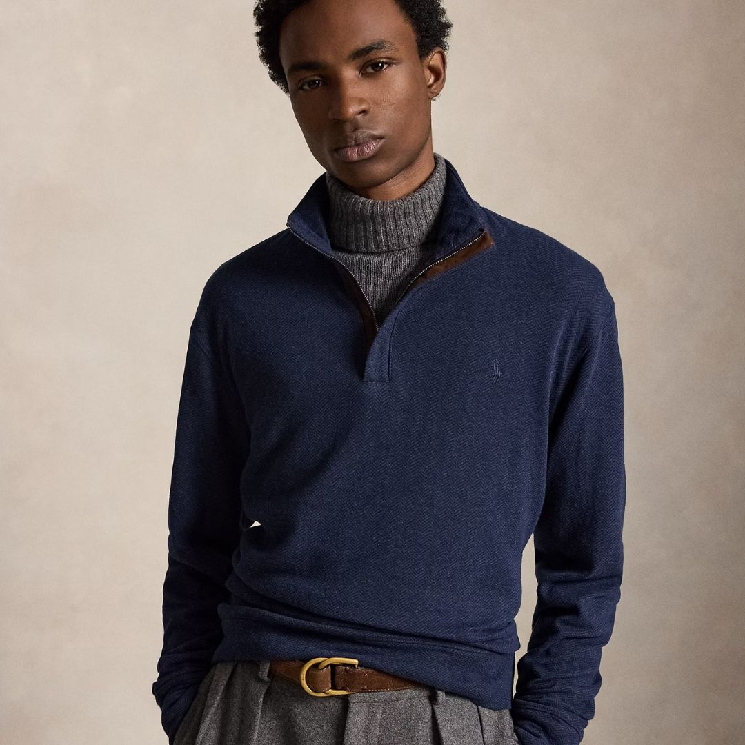 Polo Ralph Lauren Herringbone-Print Luxury Jersey Pullover - Navy