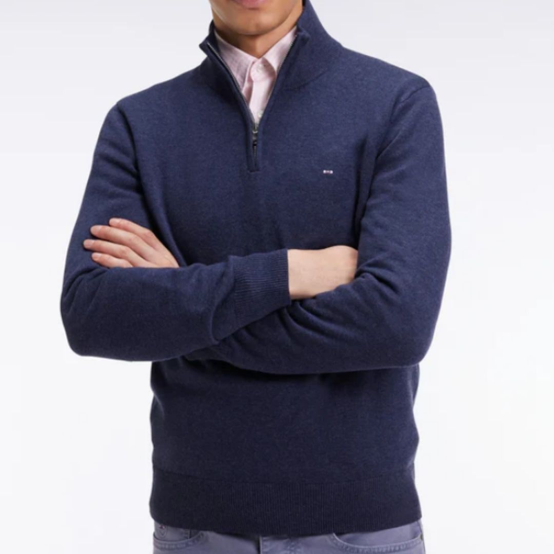 Eden Park Blue wool and cotton trucker-neck sweater - Navy
