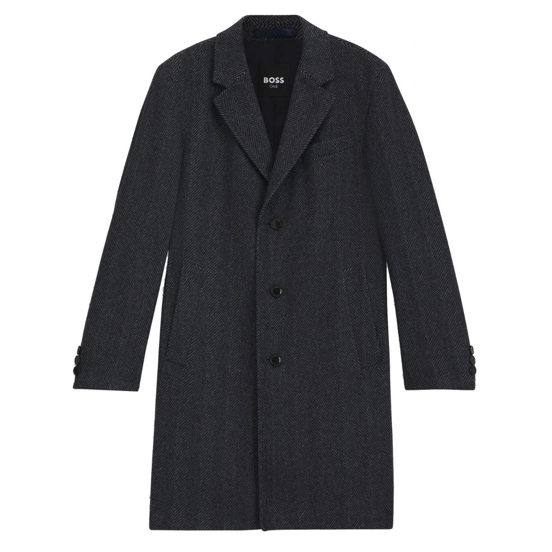 BOSS Regular Fit Herringbone Wool-Cashmere Coat – Dark Blue