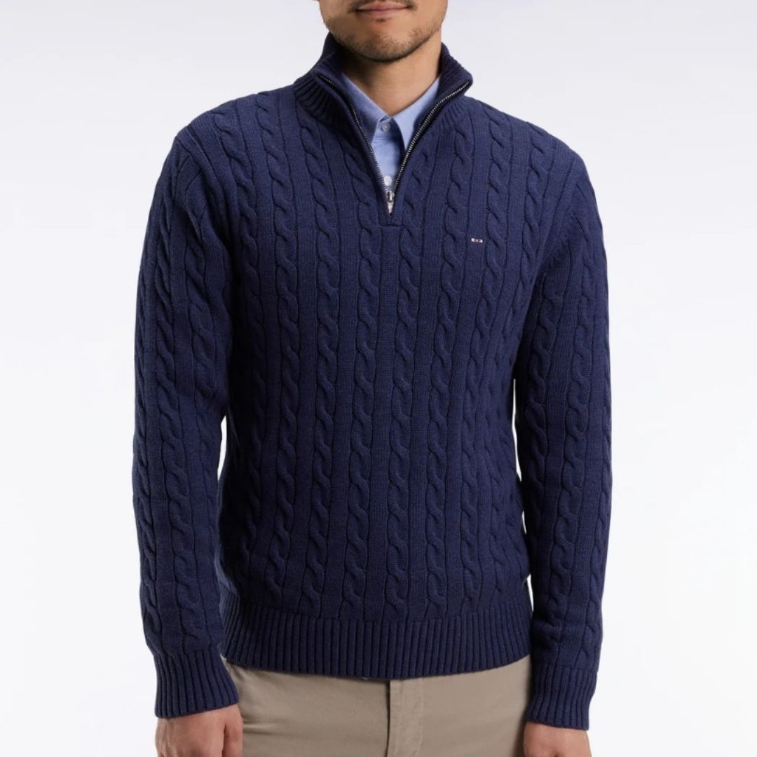 Eden Park Trucker collar sweater in navy cable cotton - Blue