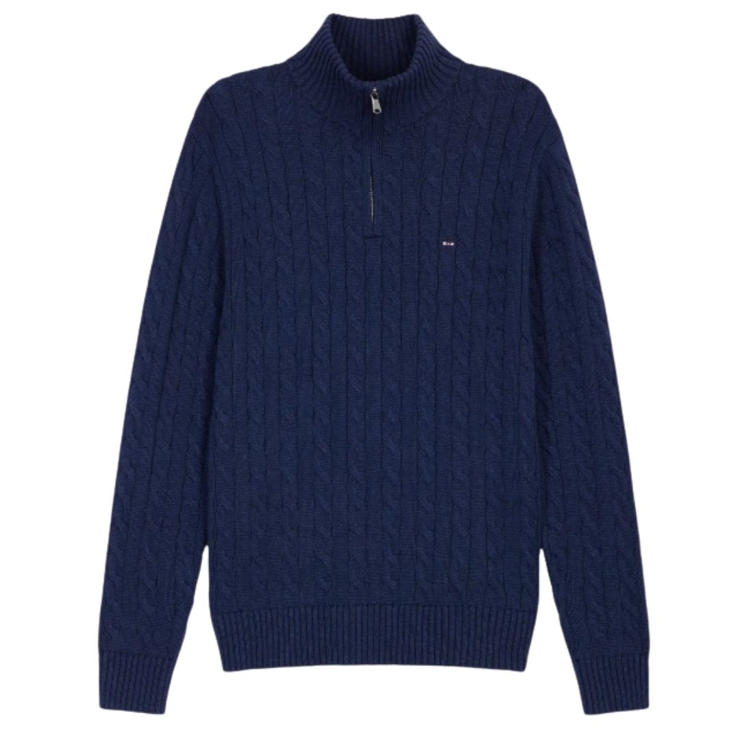 Eden Park Trucker collar sweater in navy cable cotton - Blue