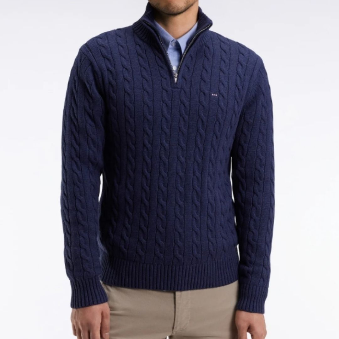 Eden Park Trucker collar sweater in navy cable cotton - Blue