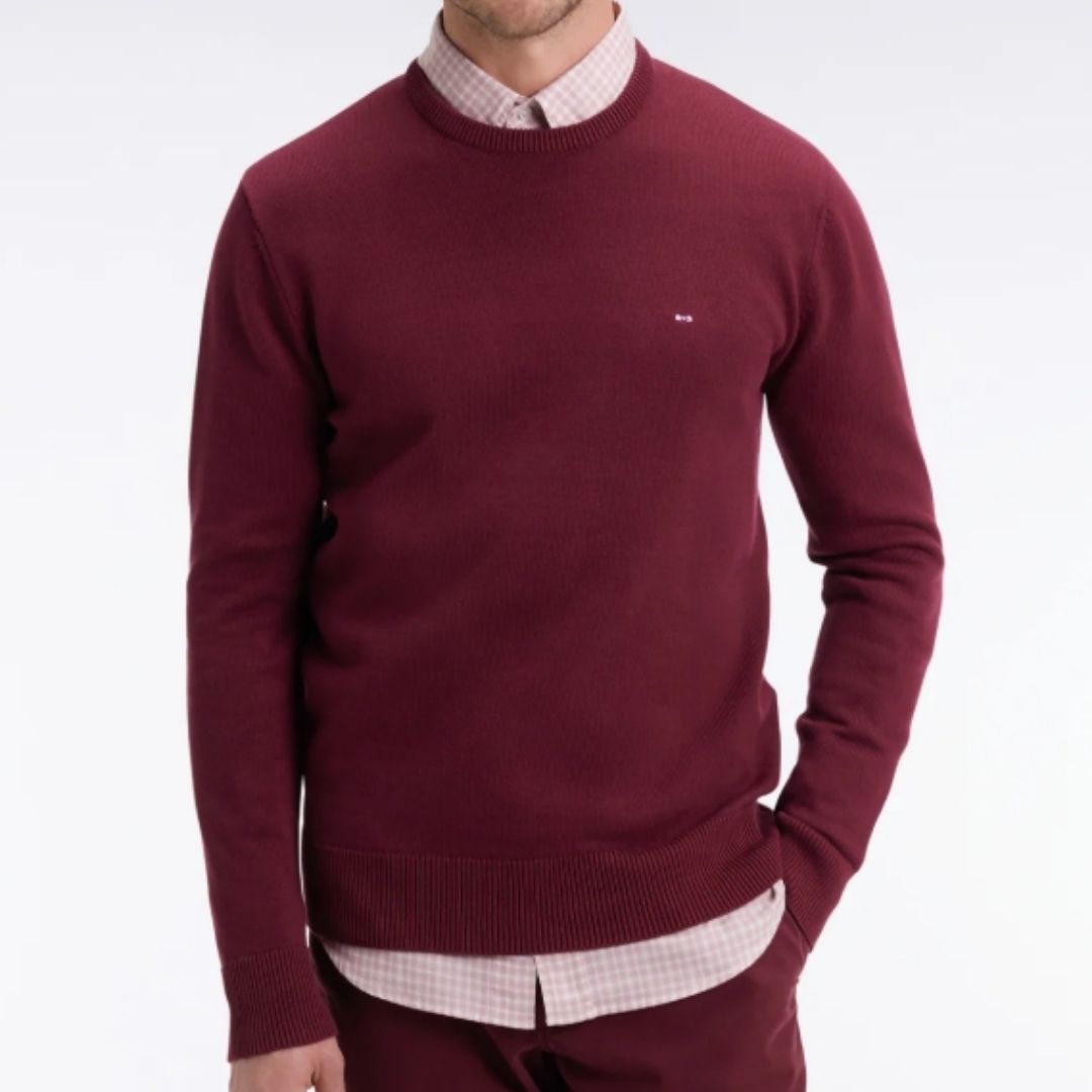 Eden Park Round neck sweater in thick burgundy cotton - Wine