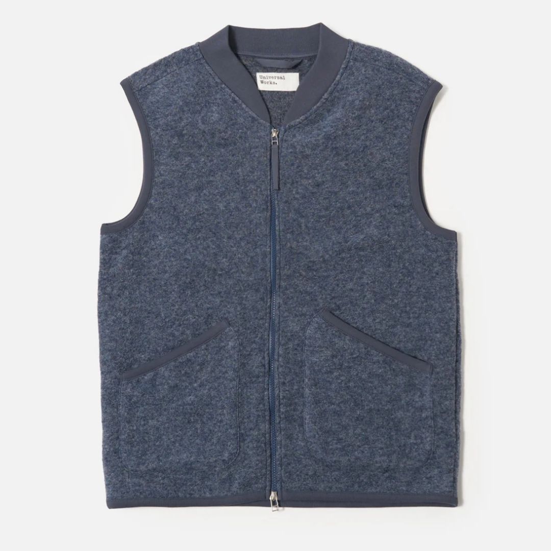 Universal Works Slate Blue Wool Fleece Zip Waistcoat - Blue