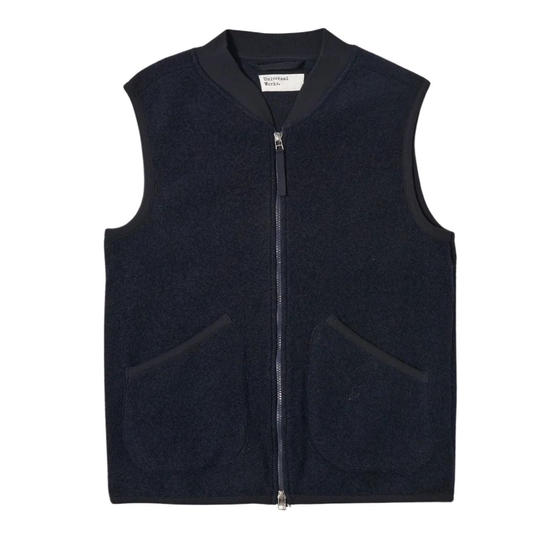 Universal Works Navy Wool Fleece Zip Waistcoat - Navy
