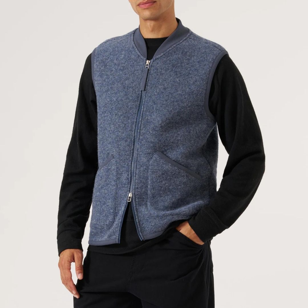 Universal Works Slate Blue Wool Fleece Zip Waistcoat - Blue