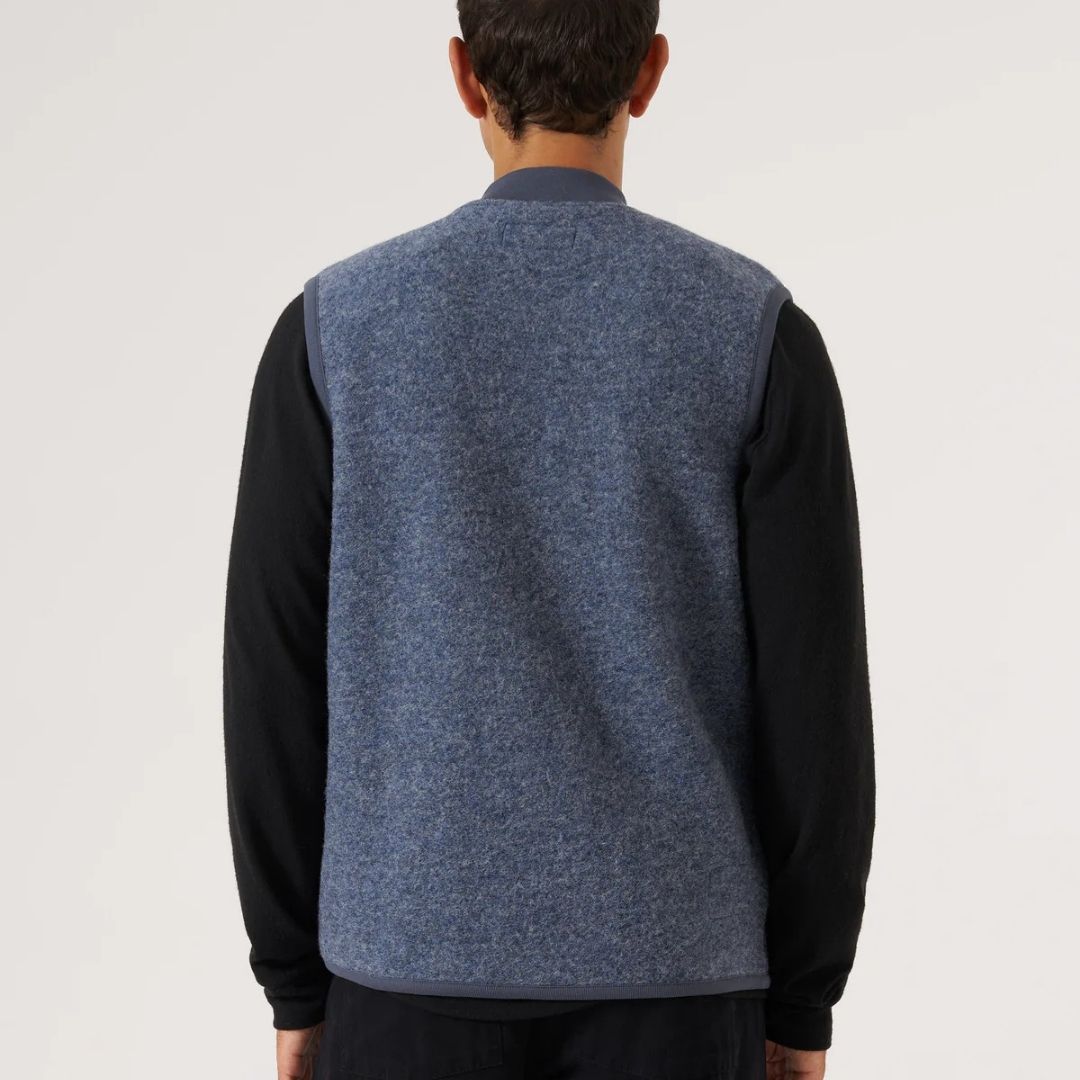 Universal Works Slate Blue Wool Fleece Zip Waistcoat - Blue