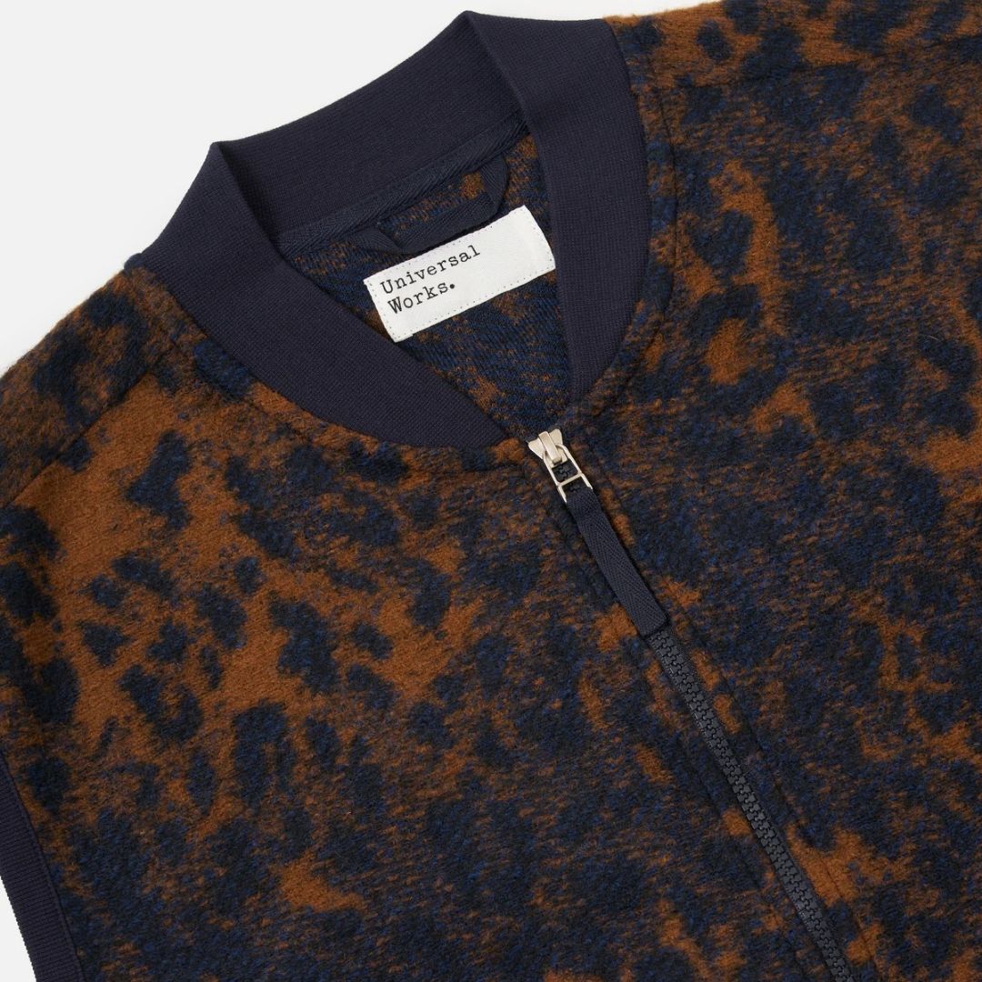 Universal Works Dark Navy/Brown Night Leopard Zip Waistcoat